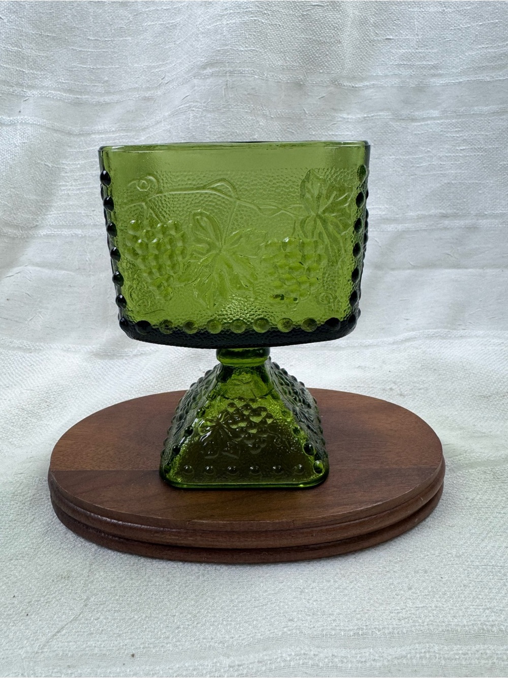 Vintage Indiana Glass Green Square Candy Dish Footed Pedestal Grape Vine